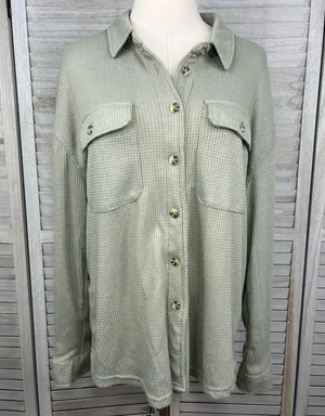BETTER TOGETHER Button Down Waffle Knit Top Sage Green thumbnail 1