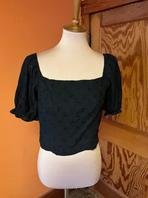 Mason & Belle Black Smocked Puff Sleeve Top Lace Up Back Crop Blouse Size L thumbnail 6