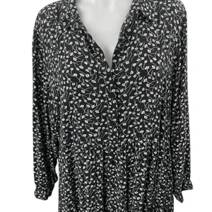 MONKL Black White Floral Long Sleeve Collared Pleated Midi Swing Dress Size XL thumbnail 3