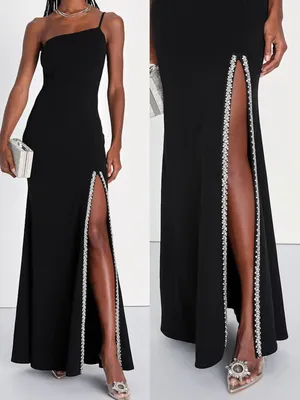 Lulu’s Absolutely Sensational Black Rhinestone One-Shoulder Maxi Dress Sz S 💚🍄 thumbnail 2