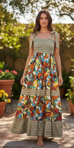 Bucketlist Abstract Floral Smocked Maxi Dress Small Multicolor Tie Strap‎ D4142 thumbnail 1