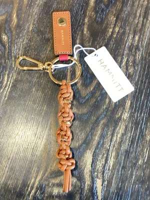 Hammitt Tan Braided Leather Keyring Bag Charm with Gold Hardware and Red Accent thumbnail 1