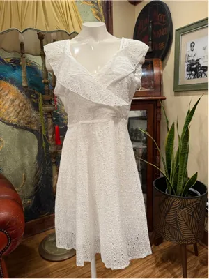 SHEIN White Eyelet Lace Ruffle Wrap Mini Dress Size M Minimalist Coastal Resort thumbnail 3