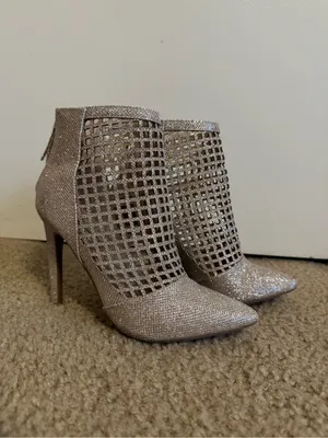 ANNE MICHELLE Gold Shimmery Pointed Toe Lattice Cutout Ankle Booties Size 7 thumbnail 2