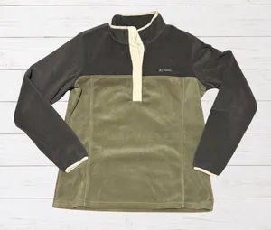 Columbia Colorblock Fleece Pullover Olive Charcoal Snap Neck Outdoor Womens M thumbnail 1