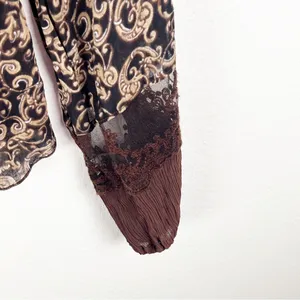 SANDRO Baroque Brown Paisley Print Sheer Lace Trim Blouse Size Small Boho Chic thumbnail 6