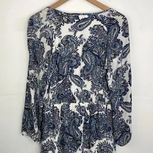 DR2 by Daniel Rainn Blue White Paisley Shift Dress Tassel Tie Neck Split MEDIUM thumbnail 9