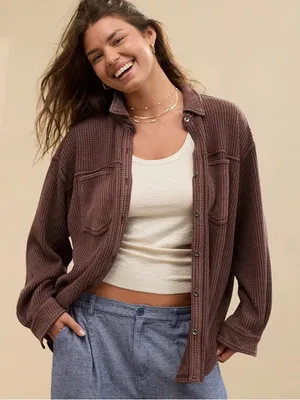 Aerie Canyon Sun Anytime Fave Waffle Shirt Oversized Shacket Size XS thumbnail 1