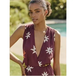 Anthropologie Celandine Linen-Blend Sleeveless Deep-V Romper Sz M Resort Beach thumbnail 4