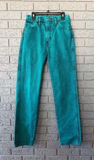 VTG 90s Wrangler Wedgie High Rise Cowgirl Jeans 14MWZ Teal Green Acid Wash 5x32 thumbnail 1