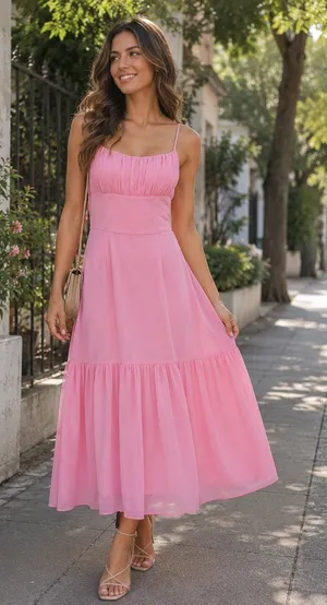Bellevue Cassandra Pink Pleated Chiffon Casual Summer Midi Dress Wedding Guest thumbnail 1