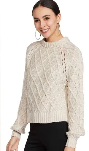 American Eagle Cable Knit Long Sleeve Cropped Sweater, Tan/Beige, Size S, EUC thumbnail 3