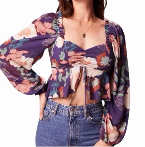 Band of the Free NWT Floriane Purple Floral Balloon Sleeve Crop Top Women Large thumbnail 1
