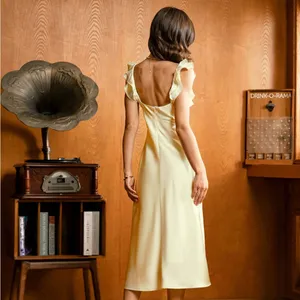 RIHOAS Yellow Square Neck Ruffle Satin Midi Dress S thumbnail 2