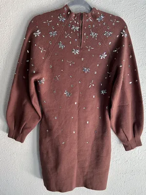 Anthropologie Sweater Dress ChocolateBrown Crystal Mock Neck Balloon Small thumbnail 4