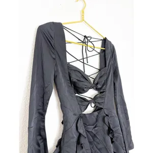 Oh Polly Adria Long Sleeve Bow Mini Dress Size 2 Black Satin Ruffle Lace Up Back thumbnail 8