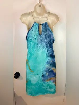 Emery Rose S Teal Blue Gold Chain Halter Dress Watercolor Marble Mini thumbnail 12