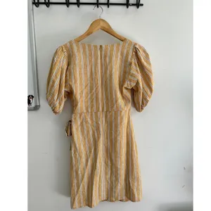Zara Mustard Yellow Striped Linen Blend Cutout Puff Sleeve Mini Wrap Dress XS thumbnail 3