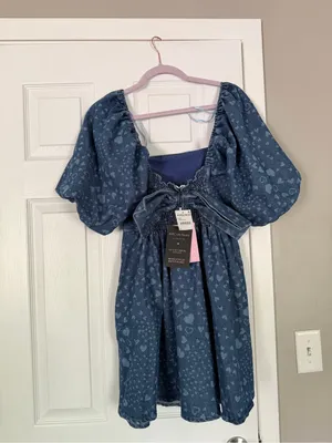 Avec Les Filles Bow Back Puff Sleeve Hearts Denim Mini Dress thumbnail 7