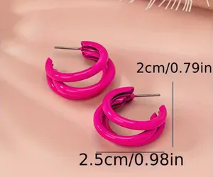 Vibrant Hot Pink Hoop Earrings - Triple Layer C Shape, Durable Iron thumbnail 3