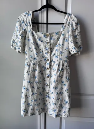 Old Navy White Floral Puff-Sleeve Mini Dress with Blue Floral Print thumbnail 1