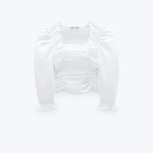 Zara White Poplin Ruched Smocked Balloon Sleeve Crop Top thumbnail 2