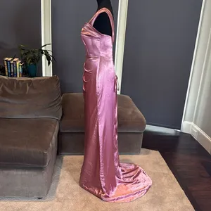 Women’s Pink One Shoulder Satin Dress Mermaid Fit Leg Slit Corset Size 8 *READ thumbnail 7