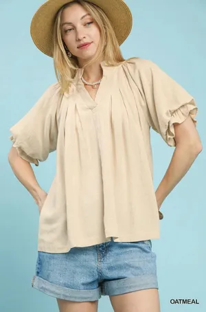Umgee Linen V-Neck Flutter Sleeve Top - Medium thumbnail 1