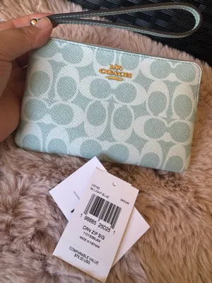 💙Coach Corner Zip Wristlet CEY93 Light Blue Signature Canvas-Smooth Leather NWT thumbnail 4