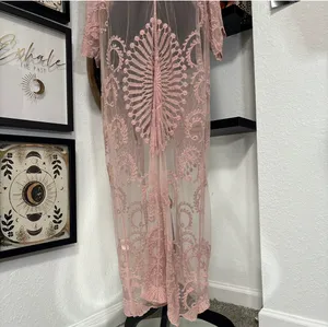 American Flirt Pink Lace Duster Kimono Sheer Mesh Long Cardigan thumbnail 5