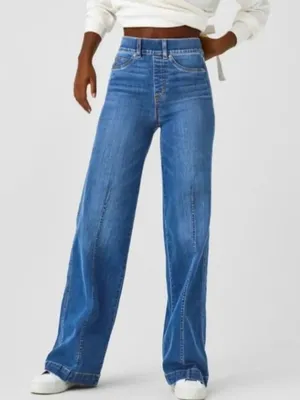 SPANX Pull On Seamed Wide Leg Jeans Size Small Petite thumbnail 1