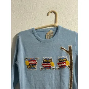 Nobody's Perfect vintage blue Sweater M embroidered owl bird thumbnail 3