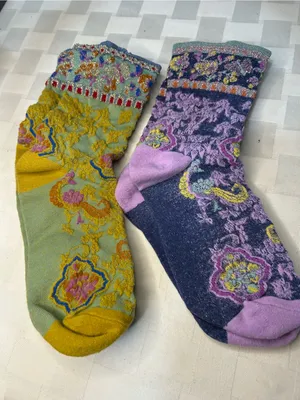 Source Unknown Two Pair of Floral Crew Socks - Yellow & Purple thumbnail 2