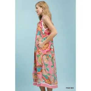 Umgee Paisley Floral Sleeveless Midi‎ Dress - Pink Mix - Large thumbnail 2