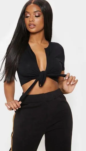 Pretty Little Thing Tie Front Black Crop Top thumbnail 1