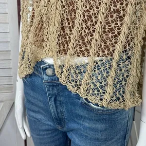 Vintage Boho Crochet Lace Sheer Topper Cardigan Button Up Tan Medium Cottagecore thumbnail 6