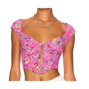 AFRM Myla Corset Womens Large Pink Floral Short Sleeve Open Front Crop Top thumbnail 1