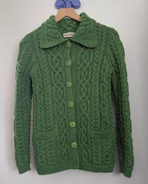 Saol XS Aran Irish Cardigan Cable Knit Merino Wool Green St. Patrick’s Day thumbnail 1