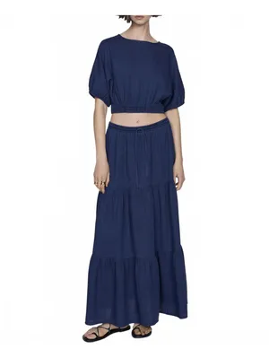 Mango Long Cotton Flared Skirt Night Blue NWT Large thumbnail 7