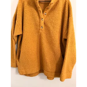 Aerie Sherpa Pullover Womens Large Mustard Yellow Henley Fleece Button Pocket thumbnail 2