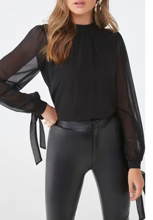 Forever 21 Chiffon Shirred Mock Neck Top black blouse thumbnail 1