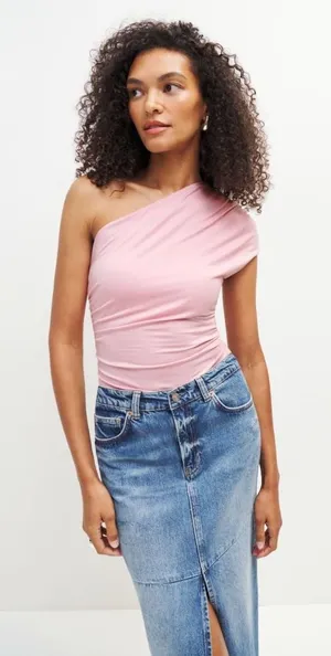 Reformation Francisco One Shoulder Top Small Pink Ruched Asymmetrical Minimalist thumbnail 1