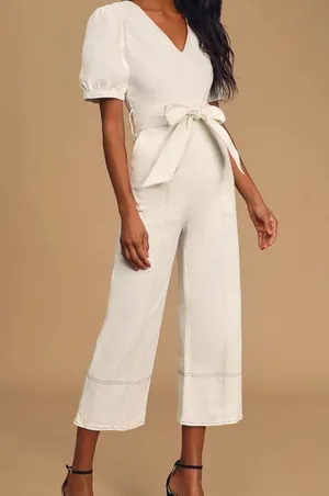 COPY - Vacay Slay White Twill Puff Sleeve Jumpsuit En Saison XS thumbnail 1