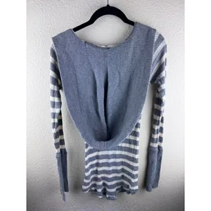 Free People Y2K Striped Thermal‎ Hoodie Small Earthy Nautical Boho Indie Breton thumbnail 3