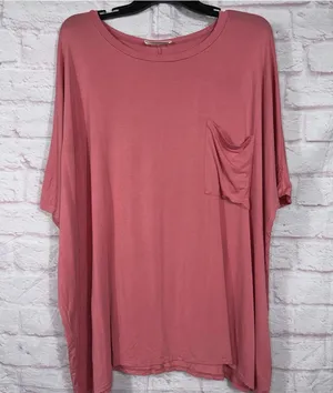 Zenana Women's Small Oversized Pink Pocket Tee thumbnail 1