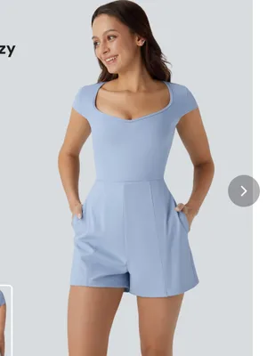 Halara SoftlyZero Airy U Neck Cap Sleeve Pocket Yoga Romper XL blue thumbnail 3