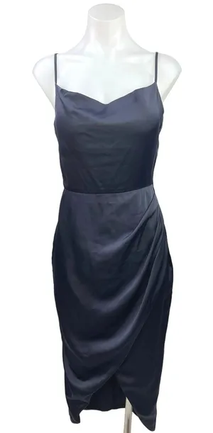 Showpo Dazzling Lights Navy Silky Satin Cowl Neck Draped Midi Bodycon Dress Sz 8 thumbnail 1