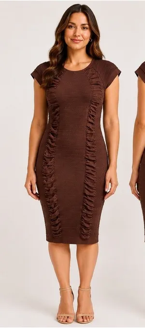 AURA Ruched Bodycon Dress Women Large‎ Brown NWT Cutout Back Ribbed Knit Sheath thumbnail 1