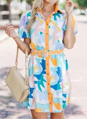 Ultramarine Abstract Print Linen Blend Belted Mini Dress Art Deco Eclectic Mod M thumbnail 1