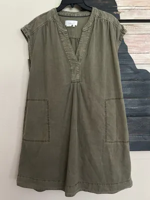Anthropologie Kimber Tunic Mini Dress Olive Green V-Neck Patch Pockets thumbnail 1